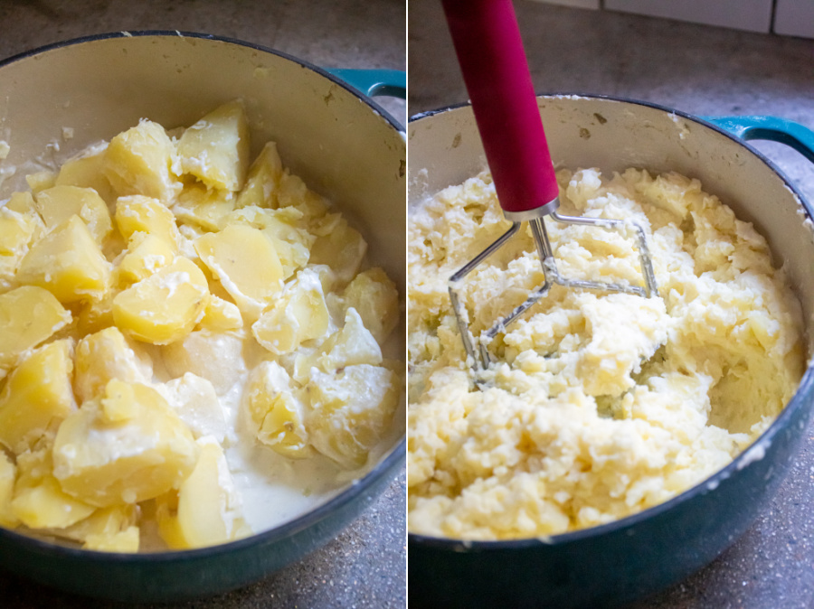 Collage showing potatoes and milk mixture in a pot and then being mashed with a potato masher.