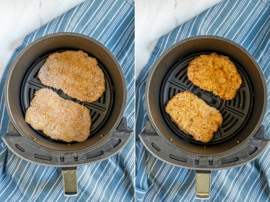 Before and after of two pork schnitzels in an air fryer basket.