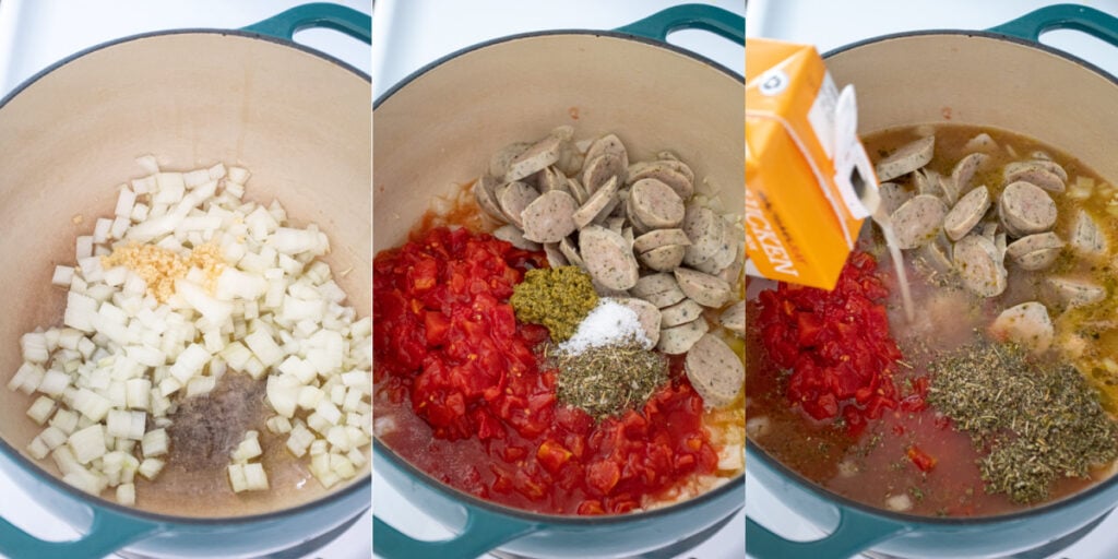 A collage of the first steps to making tortellini soup including dicing onions, add the seasonings, sausage, and broth.
