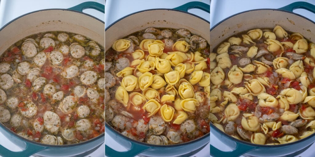 A collage showing the steps to making tortellini soup showing cooked chicken sausage, adding cheese tortellini, and letting it cook.