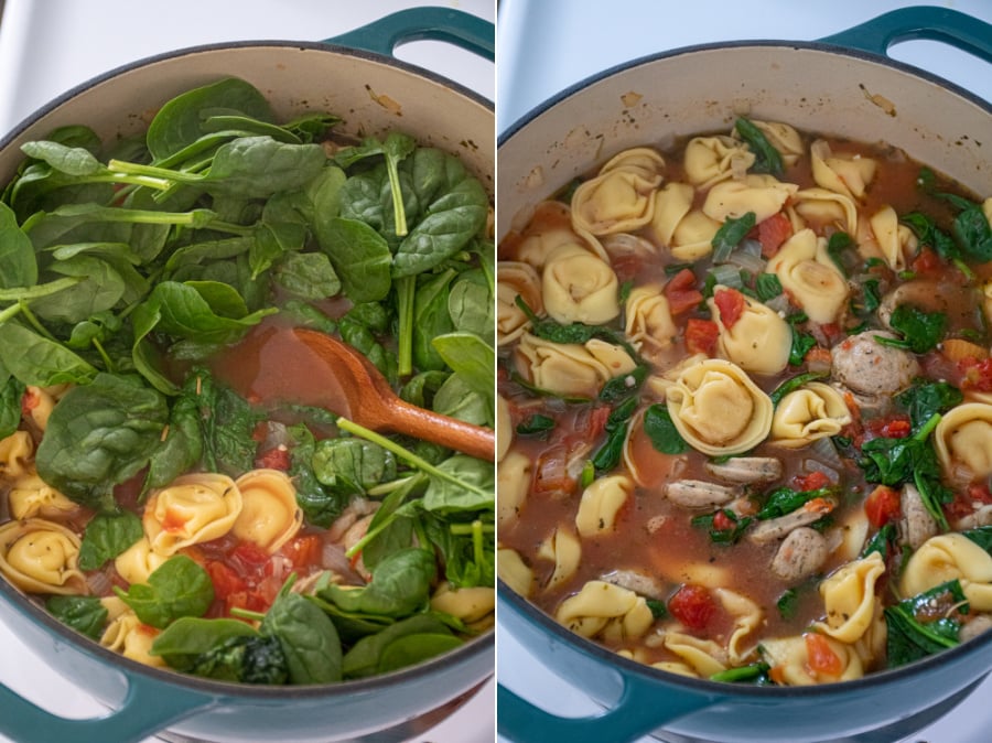 Collage showing the steps of making tortellini soup showing adding the spinach and stirring it in so the soup is ready to serve.