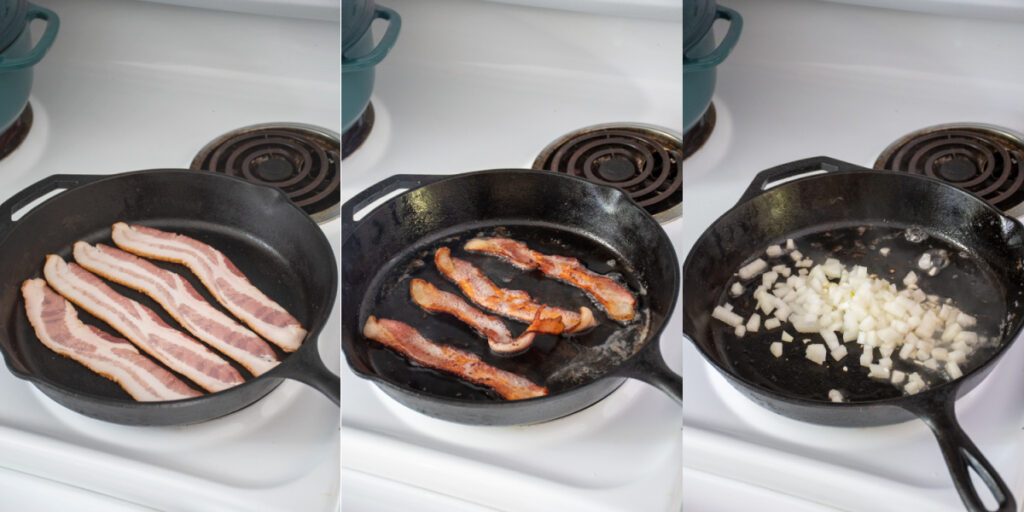 Steps to make German potato salad showing cooking bacon on a skillet and then diced onions and garlic.