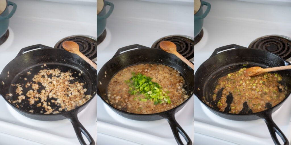 Steps to Mae German potato salad showing diced onions in bacon grease, adding mustards, vinegar & green onions, to make a sauce.