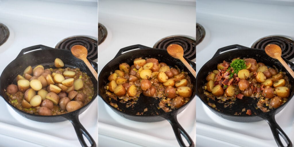 Steps to make German potato salad showing cooked potatoes being added to the sauce in a skillet, then gently tossed, and bacon bits and fresh parsley added.