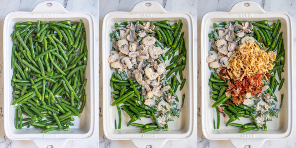 Collage showing steps of adding green beans, mushroom sauce, fried onions, and bacon to a casserole dish.