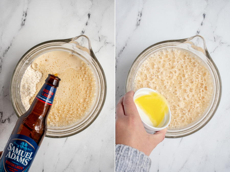 Adding the wet ingredients to the dry ingredients for easy beer bread.