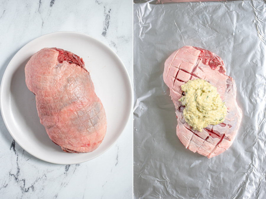 Collage showing a boneless leg of lamb and the leg of lamb scored with cuts in the fat layer.