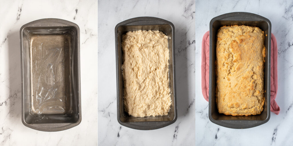 A collage of a greased bread pan, beer bread batter in the pan, and fully cooked beer bread from the oven.