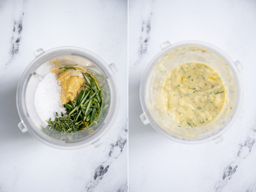 Collage before and after the garlic mixture for topping the lamb leg in a single serve blender cup.