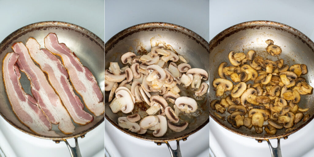 Collage showing the steps of cooking bacon and sliced mushrooms in the bacon fat.