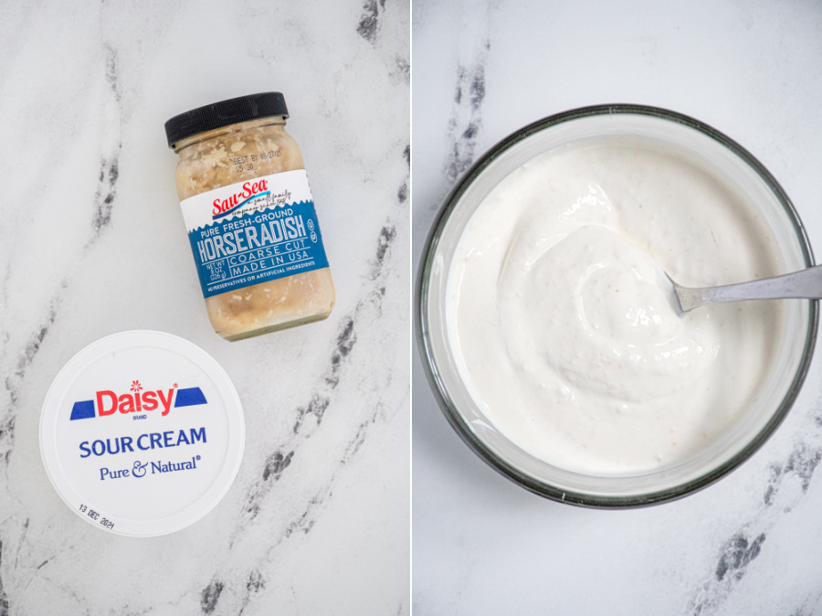 Collage showing the ingredients for the creamy horseradish dipping sauce and the sauce mixed together in a bowl.