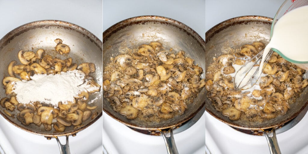 Collage showing the steps to cook the mushrooms, add flour, and slowly pour the milk in.