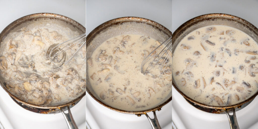 Collage showing the steps of making the mushroom sauce with milk on the stovetop.