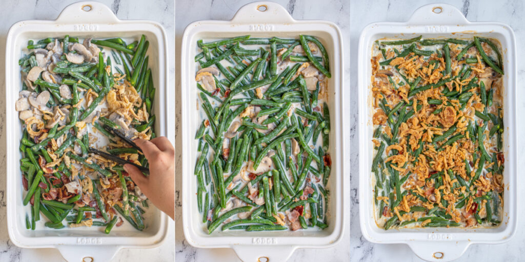 Mixing the green beans with the rest of the ingredients so it is ready to bake.