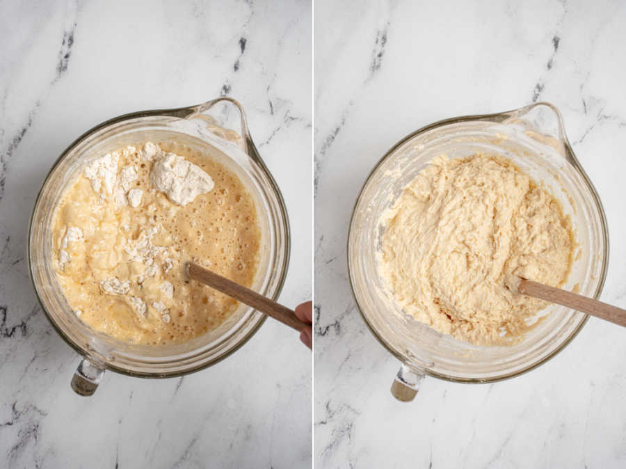 Mixing the wet and dry ingredients together in a mixing owl with a wooden spoon.