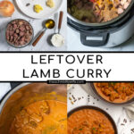 Pinterest Pin with text 'Leftover Lamb Curry', image of three black bowls filled with curry garnished with parsley.