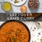 Pinterest Pin with text 'Leftover Lamb Curry', image of three black bowls filled with curry garnished with parsley.