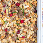 Pinterest Pin with text 'Sausage Cranberry Apple Stuffing',image of a white casserole dish full of stuffing.