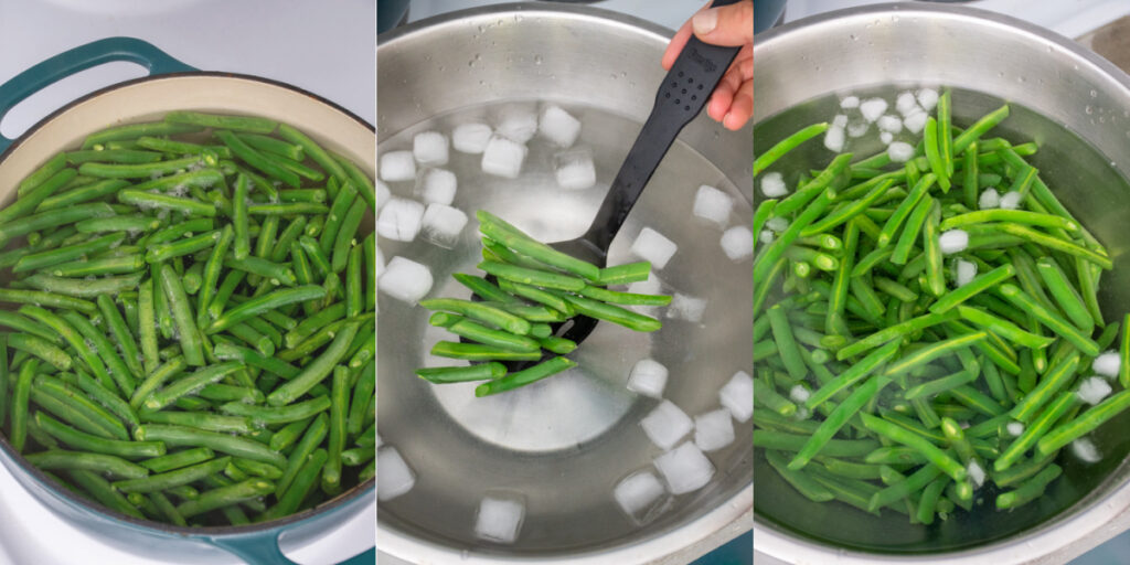 Collage showing the steps of parboiling the fresh green beans to prep them for the casserole.