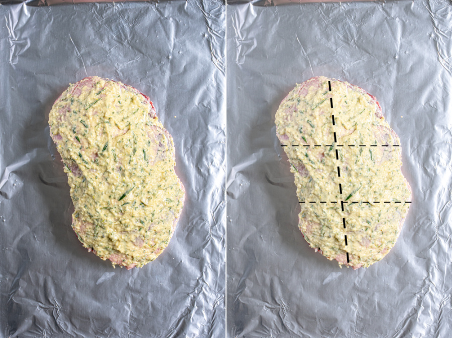 A lamb roasted covered in a garlic mixture and with dotted lines showing where to tie kitchen twine to keep the lamb together.