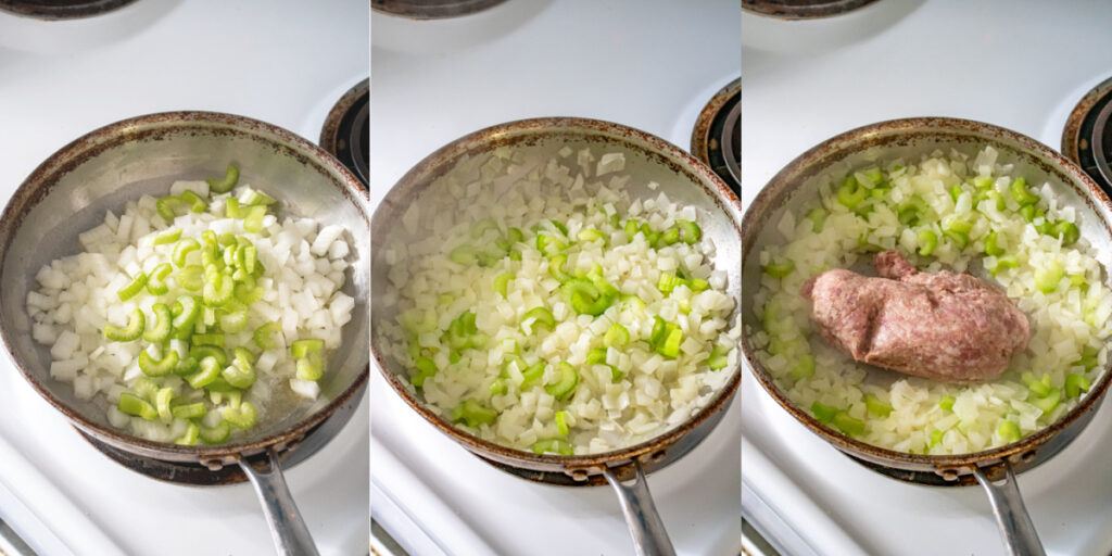 The first steps for making Sausage Cranberry Apple stuffing showing the onions, celery, and sausage being cooked in a skillet.