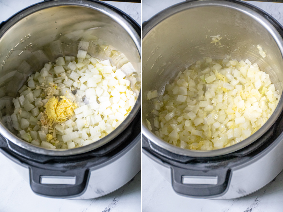 Pressure cooker in sauté mode showing the diced onions, garlic, and ginger being added.