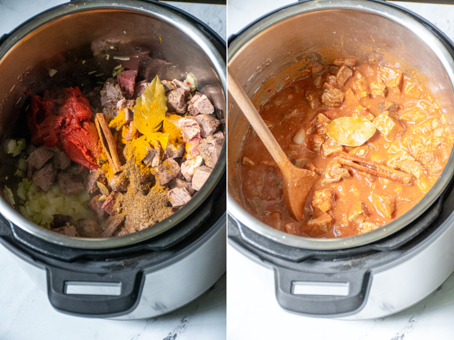 Steps showing adding the ingredients to the pressure cooker and stirring everything together.