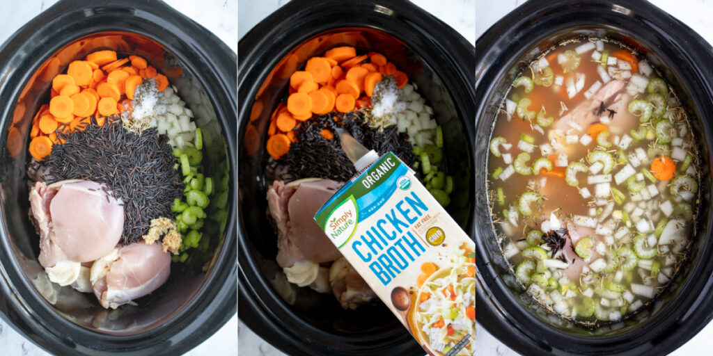Collage of ingredients for chicken wild rice soup in crockpot and chicken broth being added.