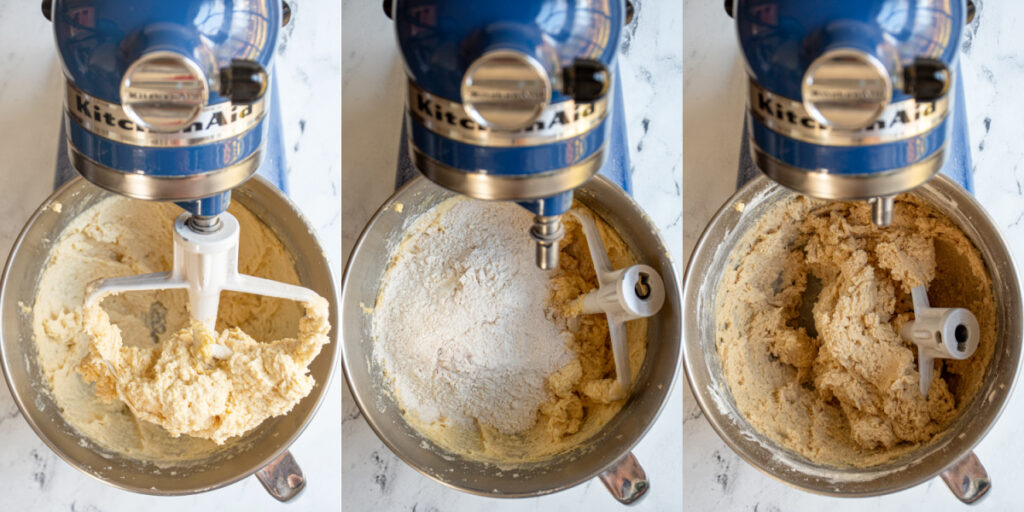 Adding dry ingredients to wet ingredients in a stand mixer to make eggnog snickerdoodles.