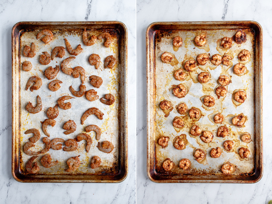 Collage showing the before and after of the shrimp being baked on a sheet pan.