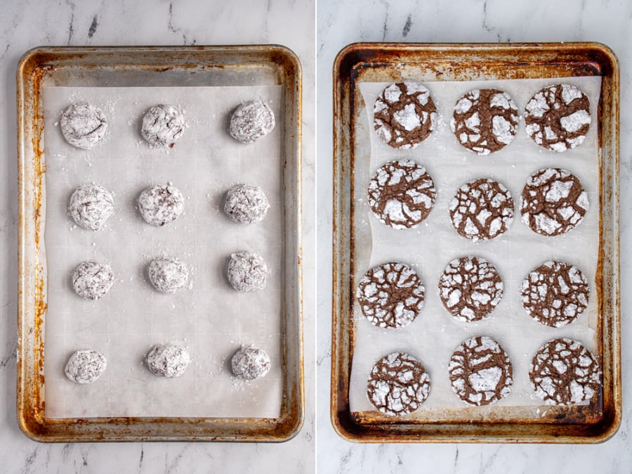 Before and after collage of chocolate peppermint crinkle cookies being baked on a sheet pan.
