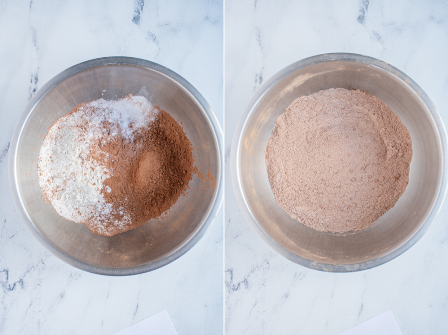 Before and after of the dry ingredients in a bowl and then all mixed together.