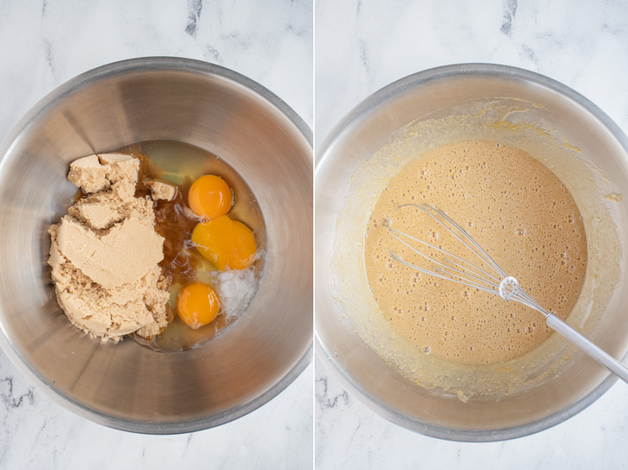 Before and after of the wet ingredients in a bowl and then mixed together to make chocolate peppermint crinkle cookies.