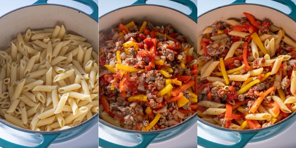 Collage showing the steps of combining the cooked penne pasta and the sausage and pepper mixture to make the final dish.