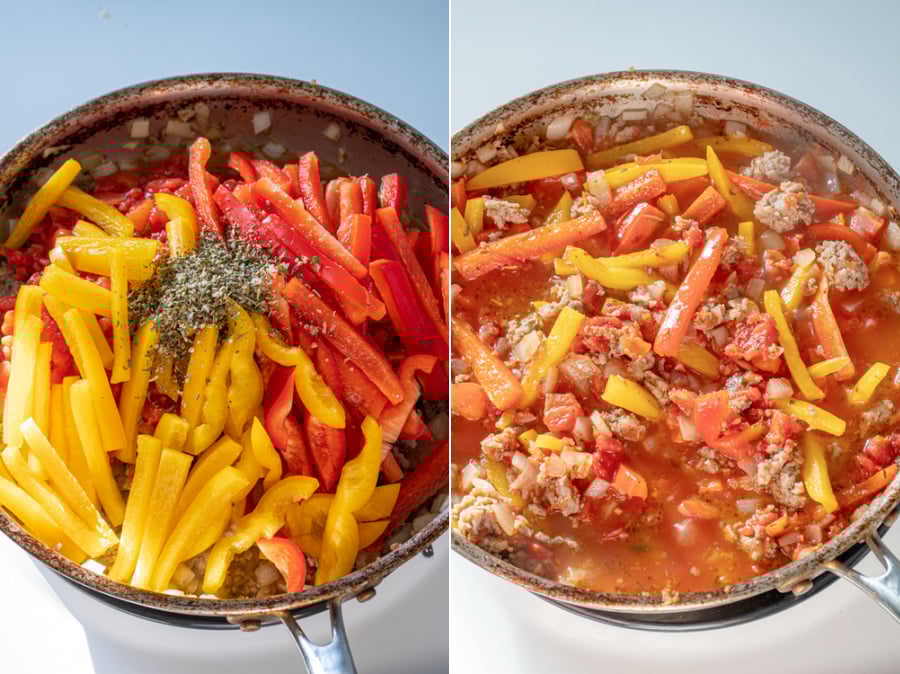 Collage showing adding bell peppers to the skillet with the sausage and cooking everything together.