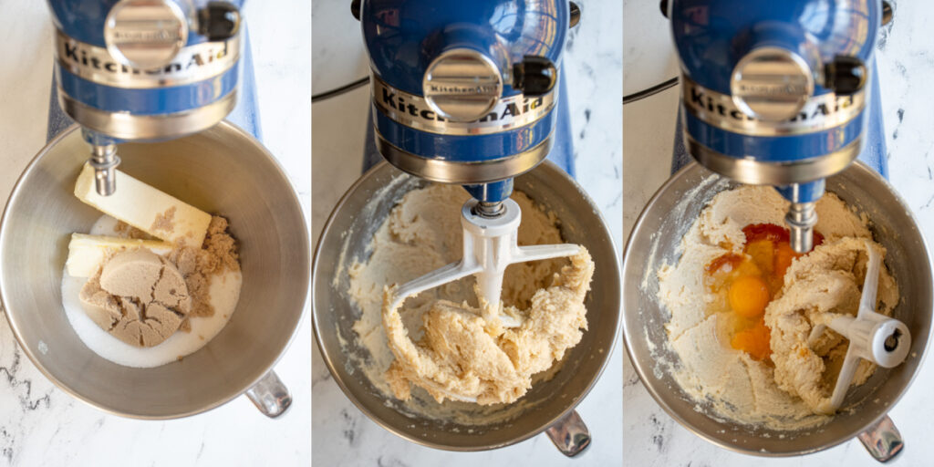 Steps showing creaming the butter and sugars together in a stand mixer.
