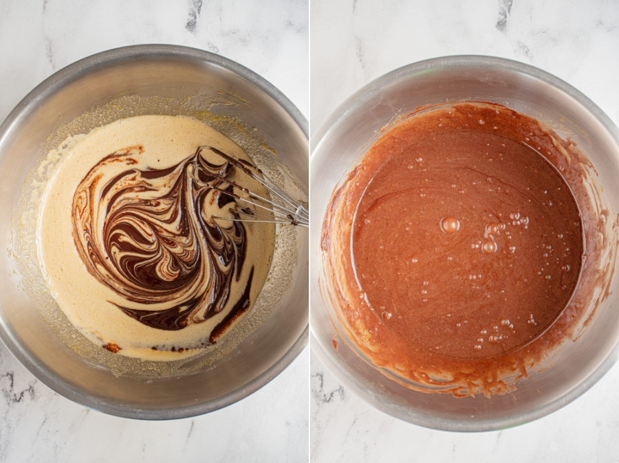 Collage showing the melted chocolate being mixed in with the wet ingredients to make chocolate peppermint crinkle cookies.