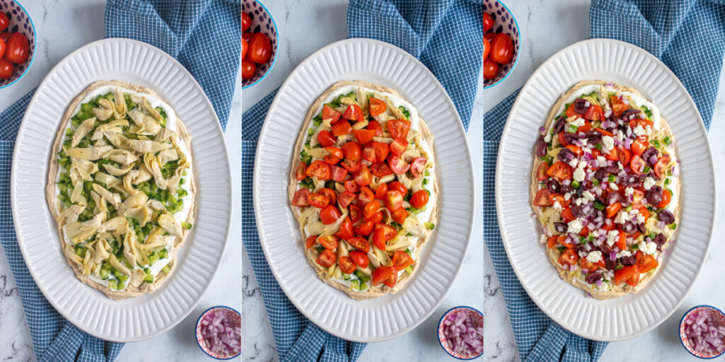 Collage showing the vegetables like artichokes, tomatoes, and olives bing layered onto the greek layer dip.
