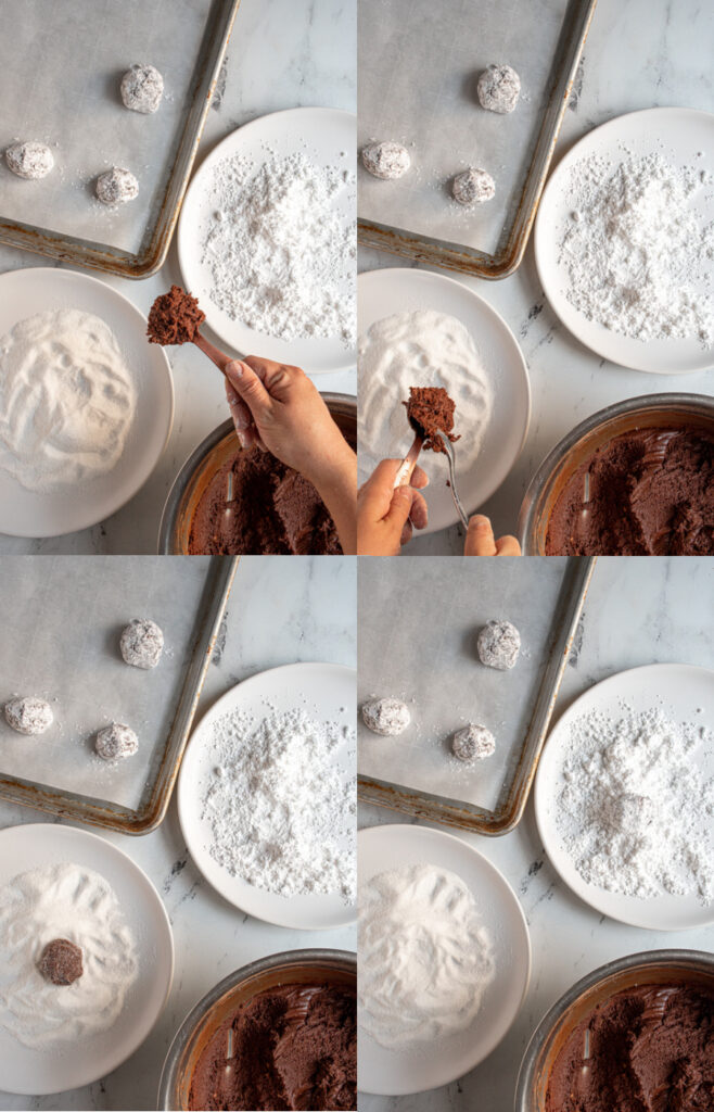 Collage showing the chocolate peppermint crinkle cookies being hand formed by scooping the batter into granulated sugar, making a ball and then rolling in powdered sugar.
