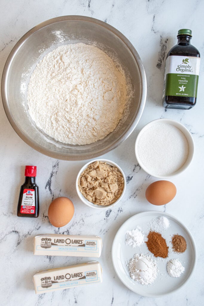 All the ingredients needed to make eggnog snickerdoodles laid out on a tabletop.