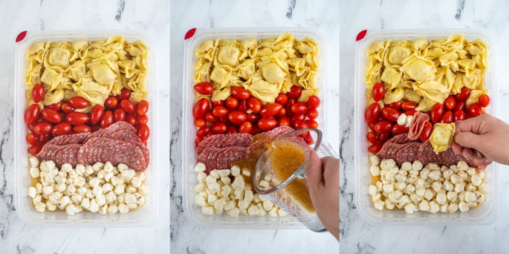 Collage showing the making of tortellini skewers including the ingredients in a container with Italian dressing and making a skewer.