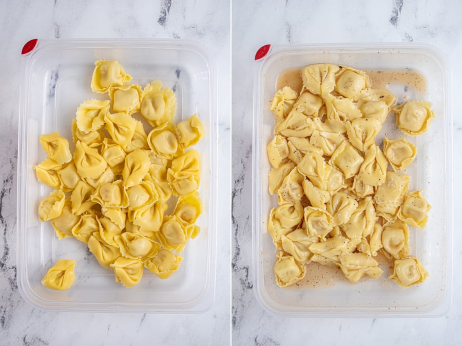 Collage showing the cooked and marinated tortellini in a Tupperware container.