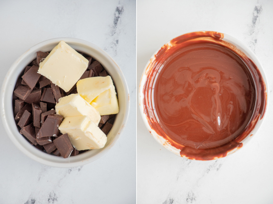 Collage showing the chocolate and butter before being melted and after being melted together before adding it to the cookies.