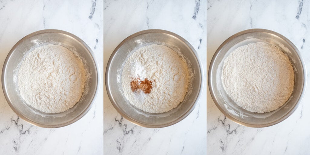 Steps showing mixing all of the dry ingredients in with the flour.