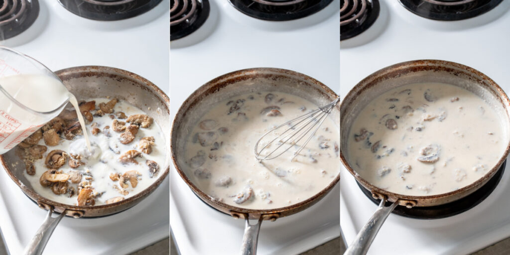 Collage showing milk being added to the mushrooms in a skillet on the stovetop and being whisked together.