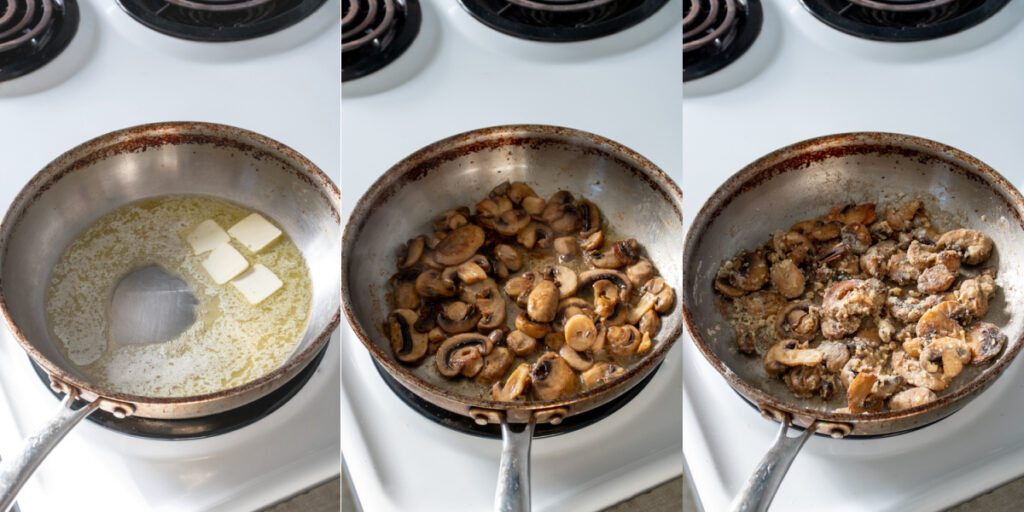 Collage showing mushrooms cooking with butter and the getting flour added in a skillet on the stovetop.