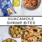 Pinterest Pin with text 'Guacamole Shrimp Bites', image of a wood platter filled with many shrimp guacamole bites.