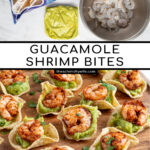 Pinterest Pin with text 'Guacamole Shrimp Bites', image of a wood platter filled with many shrimp guacamole bites.
