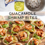 Pinterest Pin with text 'Guacamole Shrimp Bites', image of a wood platter filled with many shrimp guacamole bites.