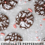 Pinterest Pin with text 'Chocolate Peppermint Crinkle Cookies', image of a bunch of chocolate peppermint crinkle cookies laid out on pice of parchment paper.